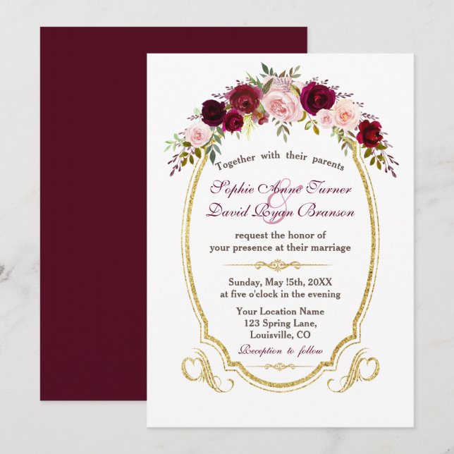 Convites Elegante Burgundy Marsala Casamento outono Floral (Frente/Verso)