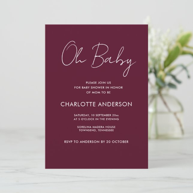 Convites elegante burgundy moderna com script de chá de fra (Em pé/Frente)
