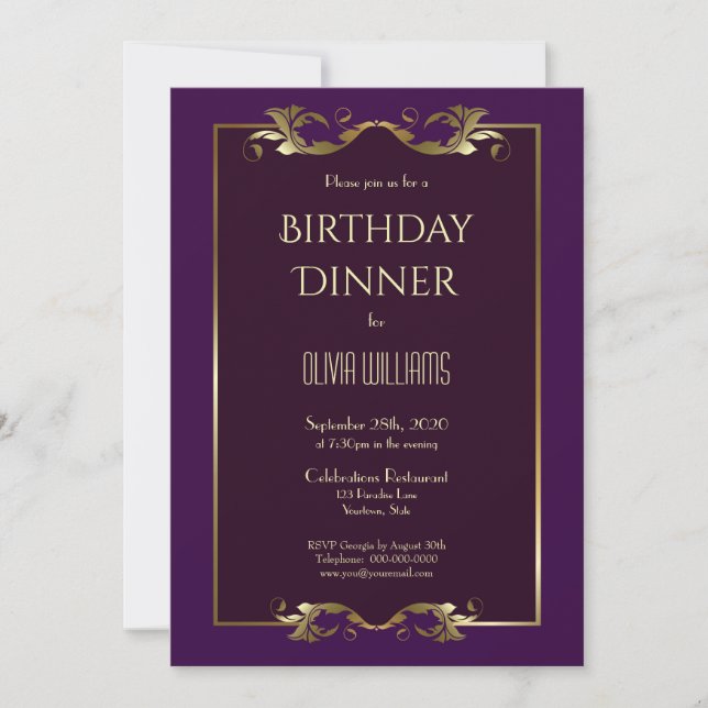 Convites Elegante Burgundy Purple Dourado Birthday (Frente)