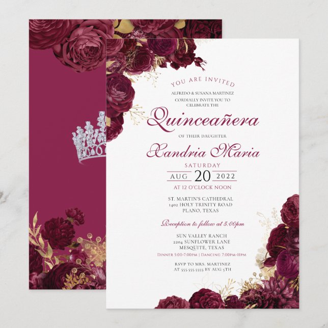 Convites Elegante Burgundy Red Floral Quinceanera (Frente/Verso)
