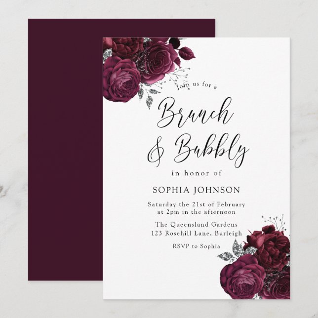 Convites Elegante Burgundy Rosas Brunch e Bubbles Bridal (Frente/Verso)