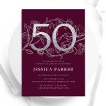 Convites Elegante Burgundy Silver 50º Aniversário<br><div class="desc">Elegante Burgundy 50º convite de aniversário. Design feminina moderna personalizável,  com sotaques botânicos rosas e prata brilhante fraca. Simples cartão de convite floral perfeito para uma comemoração de um na moda. Personalize com seus próprios detalhes. Impressos convites Zazzle ou modelo de impressão digital instantânea para download.</div>