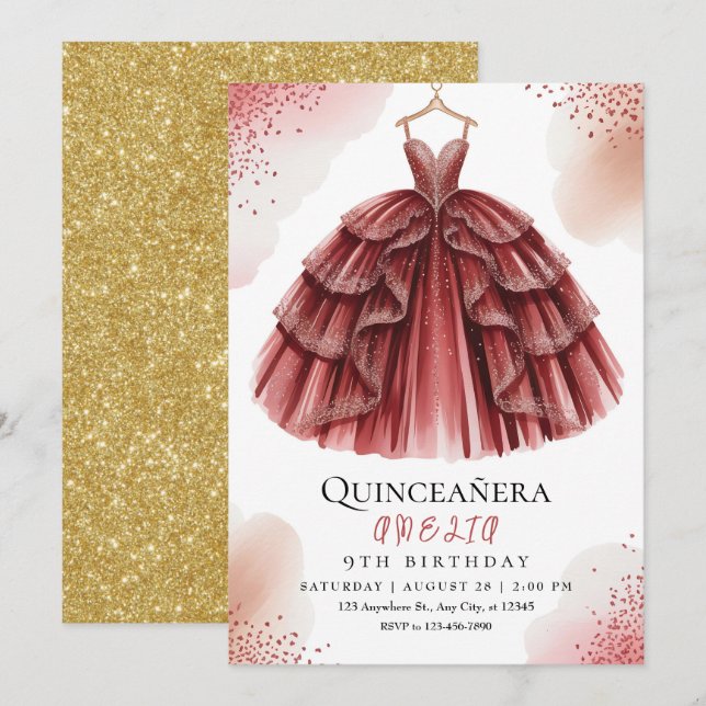 Convites Elegante Burgundy Sweet 15 (Frente/Verso)