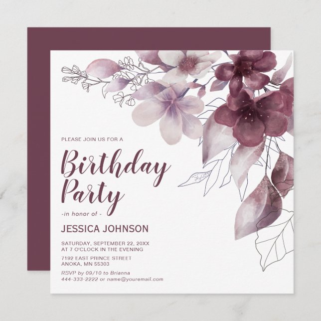 Convites Elegante Burgundy Watercolor Floral Birth (Frente/Verso)