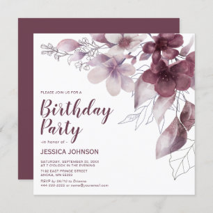 Convites Elegante Burgundy Watercolor Floral Birth