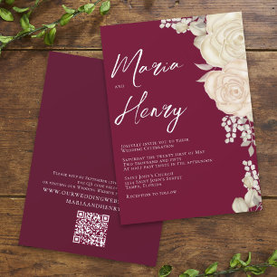 Convites Elegante Burgundy Watercolor Ivory Floral Código Q