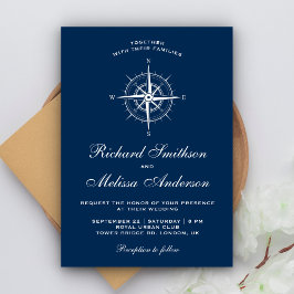 Convites Elegante Bússola Náutica Azul Marinho Branco Casam