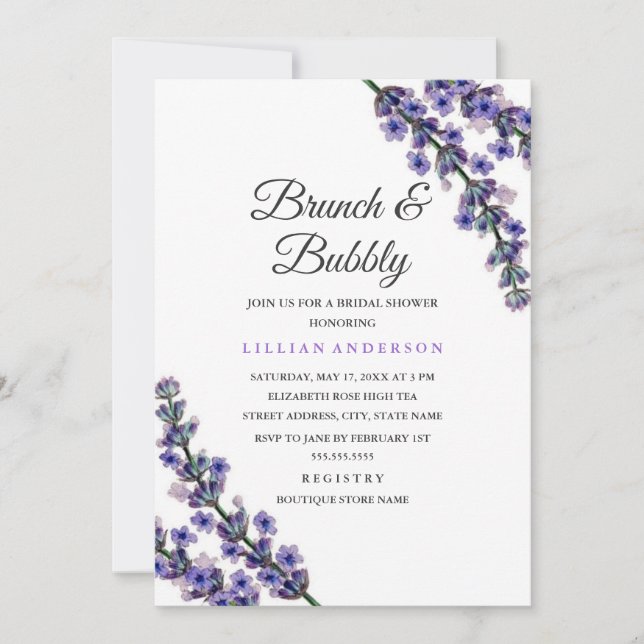 Convites Elegante Café da Manhã com Lavanda e Champanhe par (Frente)
