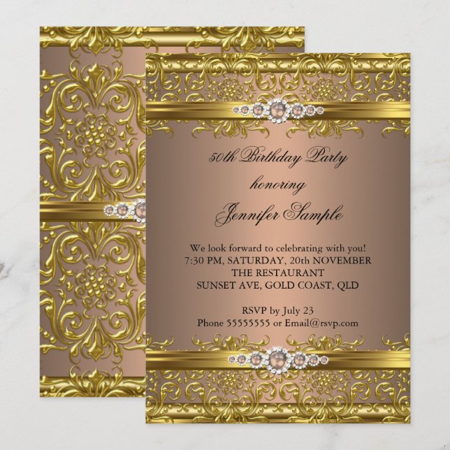 Convites Elegante Café Marrom Dourado Damasco Diamante Aniv (Frente/Verso)
