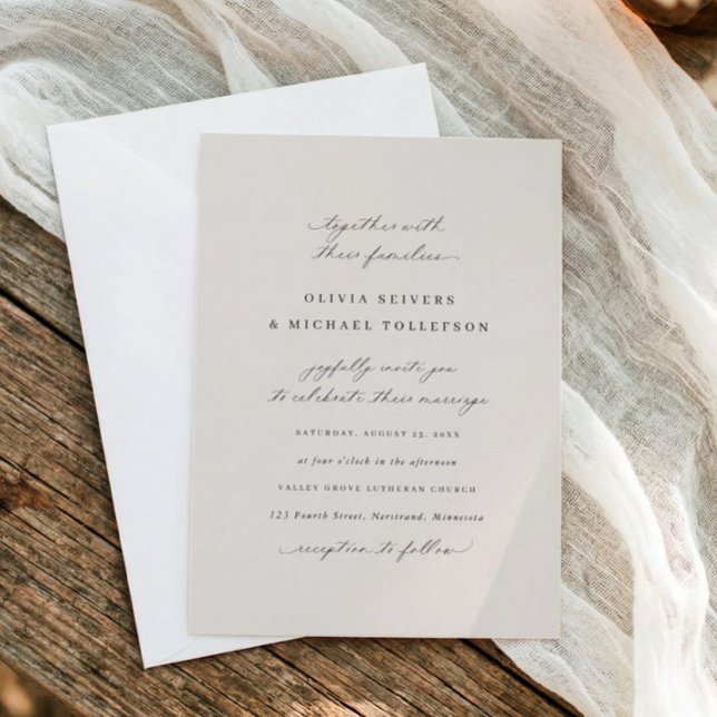 Convites Elegante Caligrafia Bege Casamento Tradicional (Beige classic wedding invitation with elegant calligraphy and traditional formal layout)