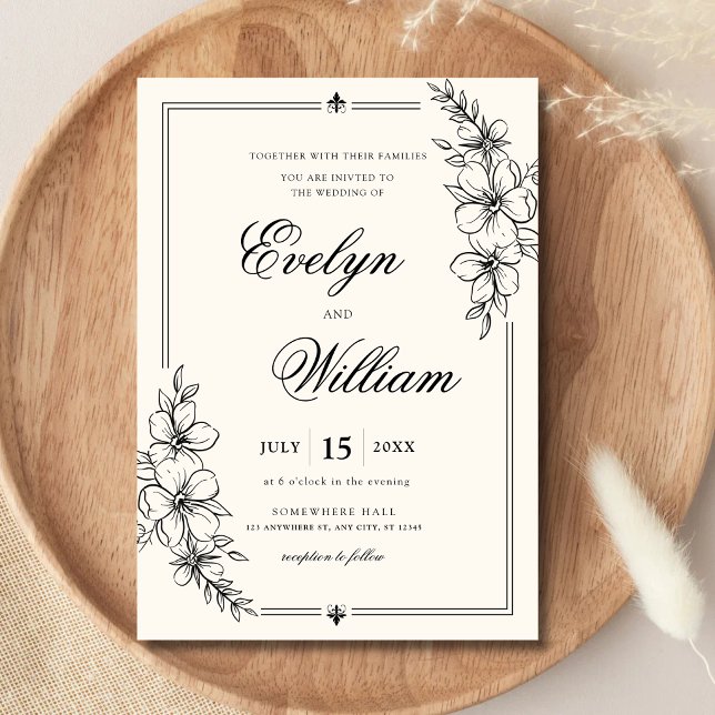 Convites Elegante Caligrafia Floral Moderna Casamento (Elegant floral wedding invitation with graceful modern calligraphy.)