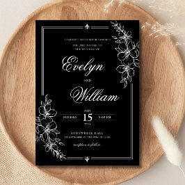 Convites Elegante Caligrafia Floral Moderna Casamento Preto
