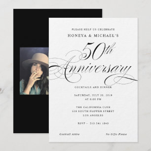 Convites Elegante Caligrafia Preto e Branco 50º Aniversário