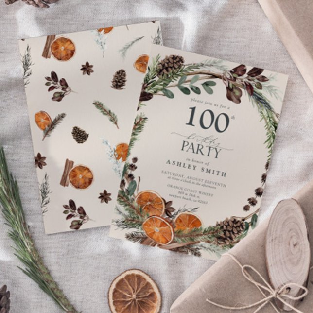 Convites Elegante Caligrafia Rustic Orange 100th Birthday (Birthday Party Invitation!)