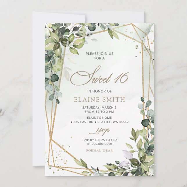 Convites Elegante Calliografia Verde Eucalyptus Sweet 16 (Frente)