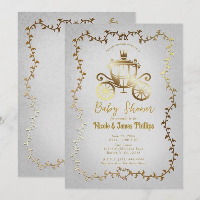 Convites Elegante Carruagem de Ouro História de Branco Baby (Frente/Verso)