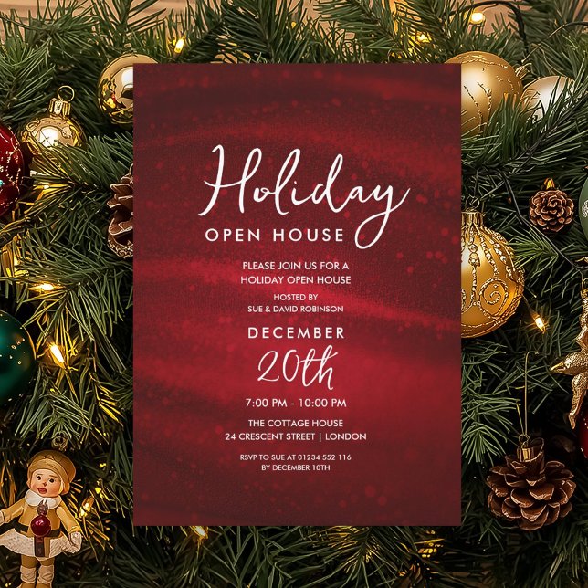Convites Elegante Casa de Férias Open House Vermelho Brilho (Elegant Holiday Open House Red Sparkle Glam Invitation)