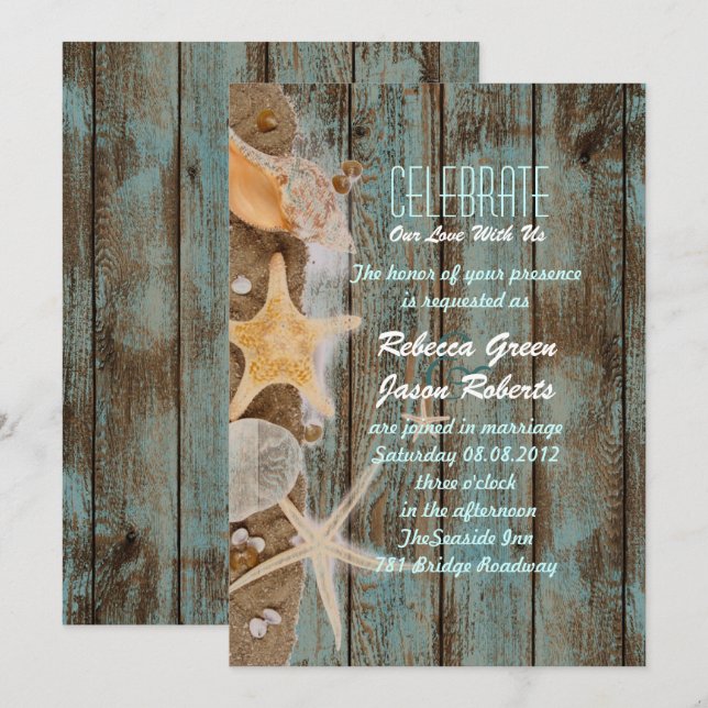 Convites elegante casa de praia com conchas casamento (Frente/Verso)