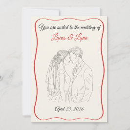 Convites Elegante Casal de Noivos com Linha de Arte Vermelh