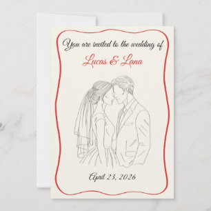 Convites Elegante Casal de Noivos com Linha de Arte Vermelh
