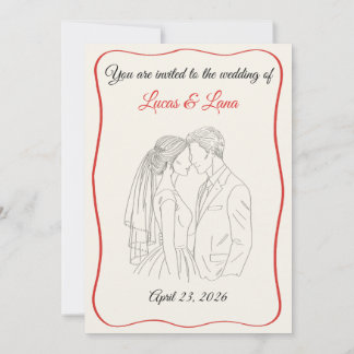 Convites Elegante Casal de Noivos com Linha de Arte Vermelh