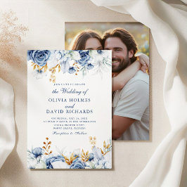 Convites Elegante Casal Floral Azul e Dourado Foto Casament