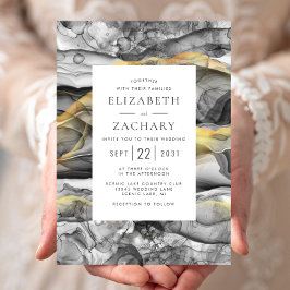 Convites Elegante Casamento Abstrato Preto Cinza Dourado