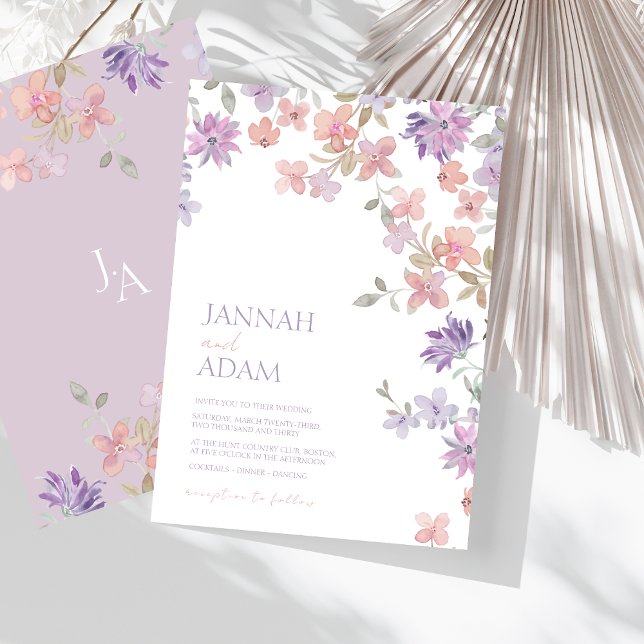 Convites Elegante Casamento Aquarela Flor Rosa Lavanda (Elegant Lavender Pink Whimsical Wildflower Wedding Invitation)