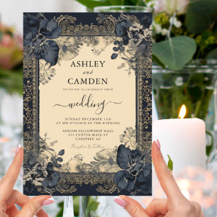 Convites Elegante Casamento Azul Escuro Dourado Vitoriano