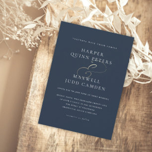 Convites Elegante Casamento Azul Marinho em Letra Dourada