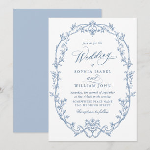 Convites Elegante Casamento Azul Poeirento Floral Vitoriano