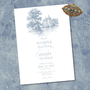 Convites Elegante Casamento Azul Poeirento Toile Manor Fran