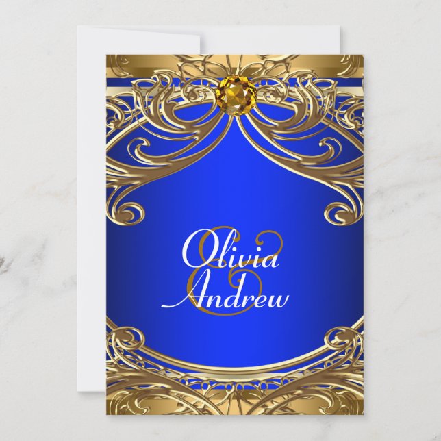 Convites Elegante Casamento Azul Real e Dourado (Frente)