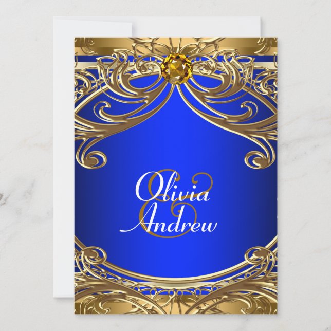 Convites Elegante Casamento Azul Real e Dourado (Frente)