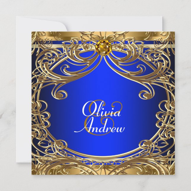 Convites Elegante Casamento Azul Real e Dourado (Frente)