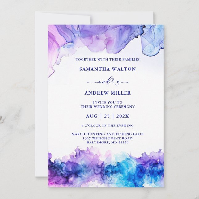 Convites Elegante Casamento Azul Real e Roxo (Frente)