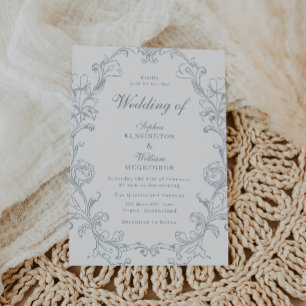 Convites Elegante Casamento Azul Vintage Vitoriano