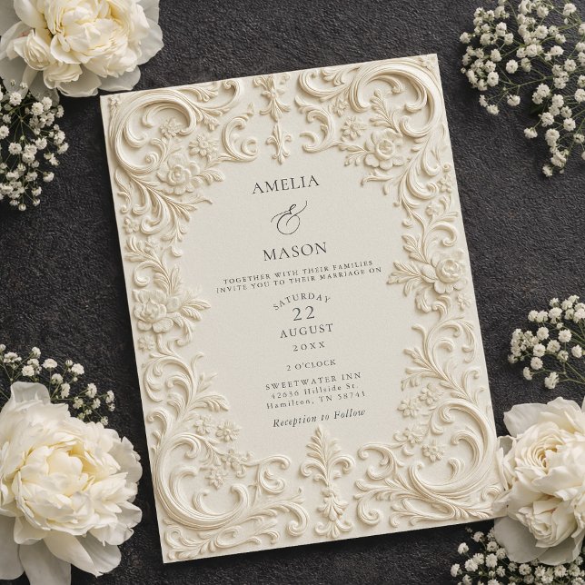 Convites Elegante Casamento Barroco no Estilo Relevo em Mar (Elegant Ivory Embossed Style Baroque Wedding Invitation)