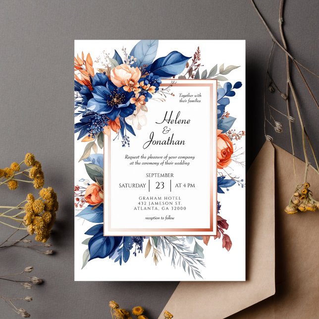 Convites Elegante Casamento Boho Floral em Azul Naval Terra (Elegant Navy Blue Terracotta Floral Boho Wedding Invitation)