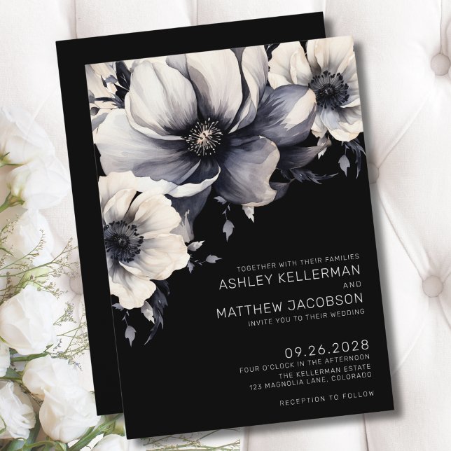 Convites Elegante Casamento Boho Preto Floral (Modern Elegant Black Floral Wedding Invitation)
