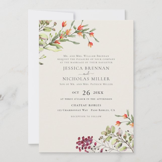 Convites Elegante Casamento Botânico de Prado de Flores Sil (Frente)