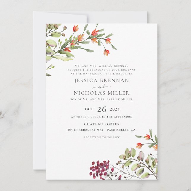 Convites Elegante Casamento Botânico de Prado de Flores Sil (Frente)