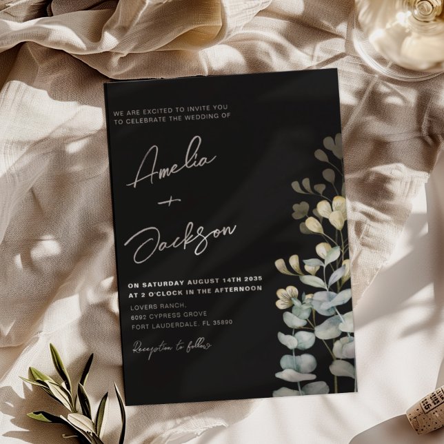 Convites Elegante Casamento Botânico Preto e Branco (Criador carregado)