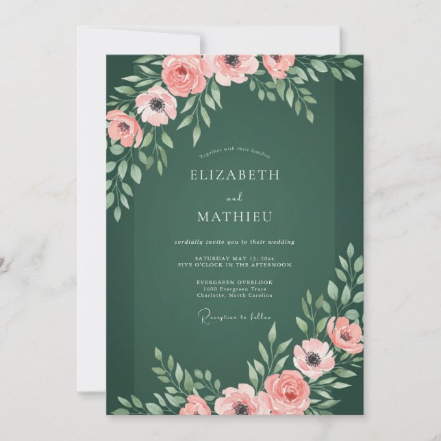 Convites Elegante Casamento Botânico Verde Esmeralda (Frente)
