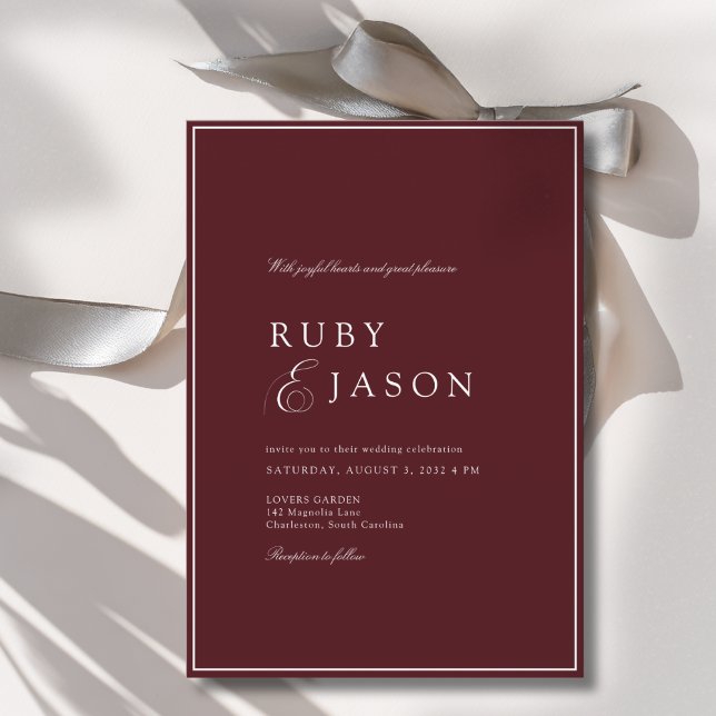 Convites Elegante Casamento Burgundy e Branco com Letra Reb (Elegant Royal Burgundy & White Script Wedding Invitation)