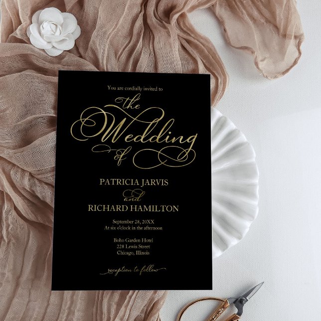 Convites Elegante Casamento Caligrafia Dourada Preta (Criador carregado)
