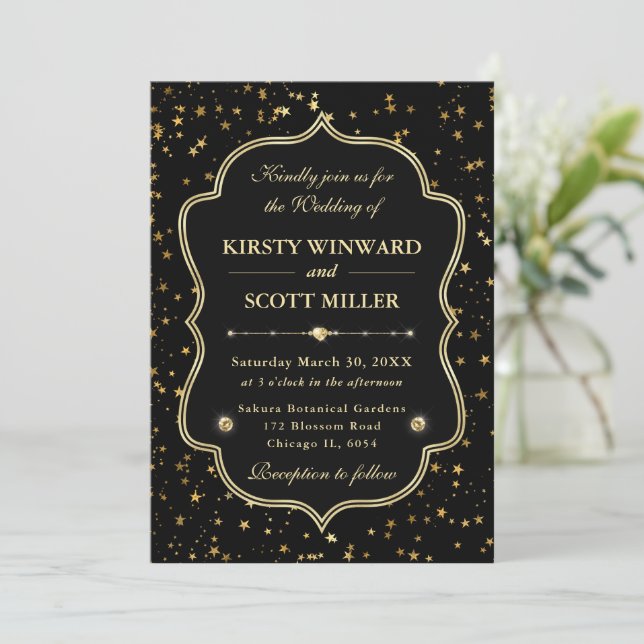 Convites Elegante Casamento Celestial com Estrelas Preto e  (Em pé/Frente)