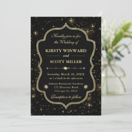Convites Elegante Casamento Celestial com Estrelas Preto e