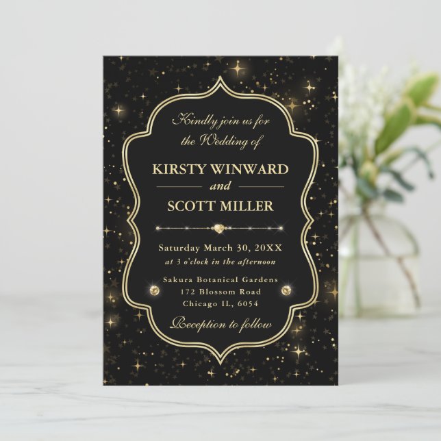 Convites Elegante Casamento Celestial com Estrelas Preto e  (Em pé/Frente)