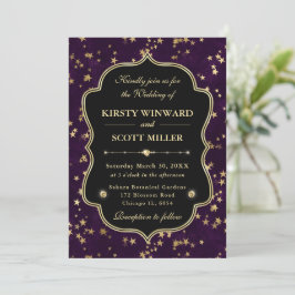 Convites Elegante Casamento Celestial com Estrelas Roxo e D